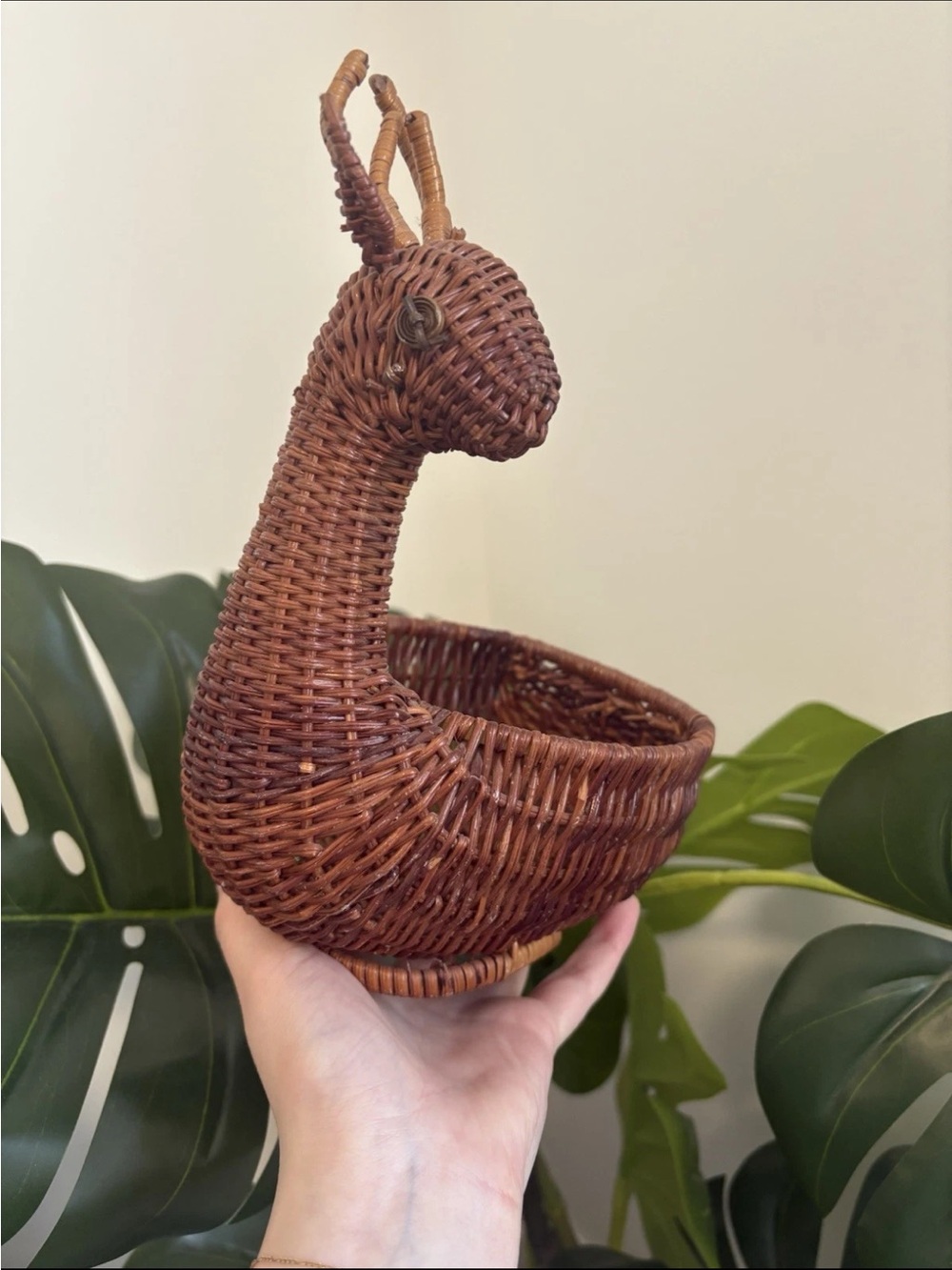 Vintage SMALL DEER Reindeer WICKER BASKET Planter Woven Rattan 10” H - Picture 9 of 10